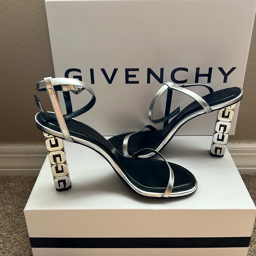 Givenchy, silver, and black block heels